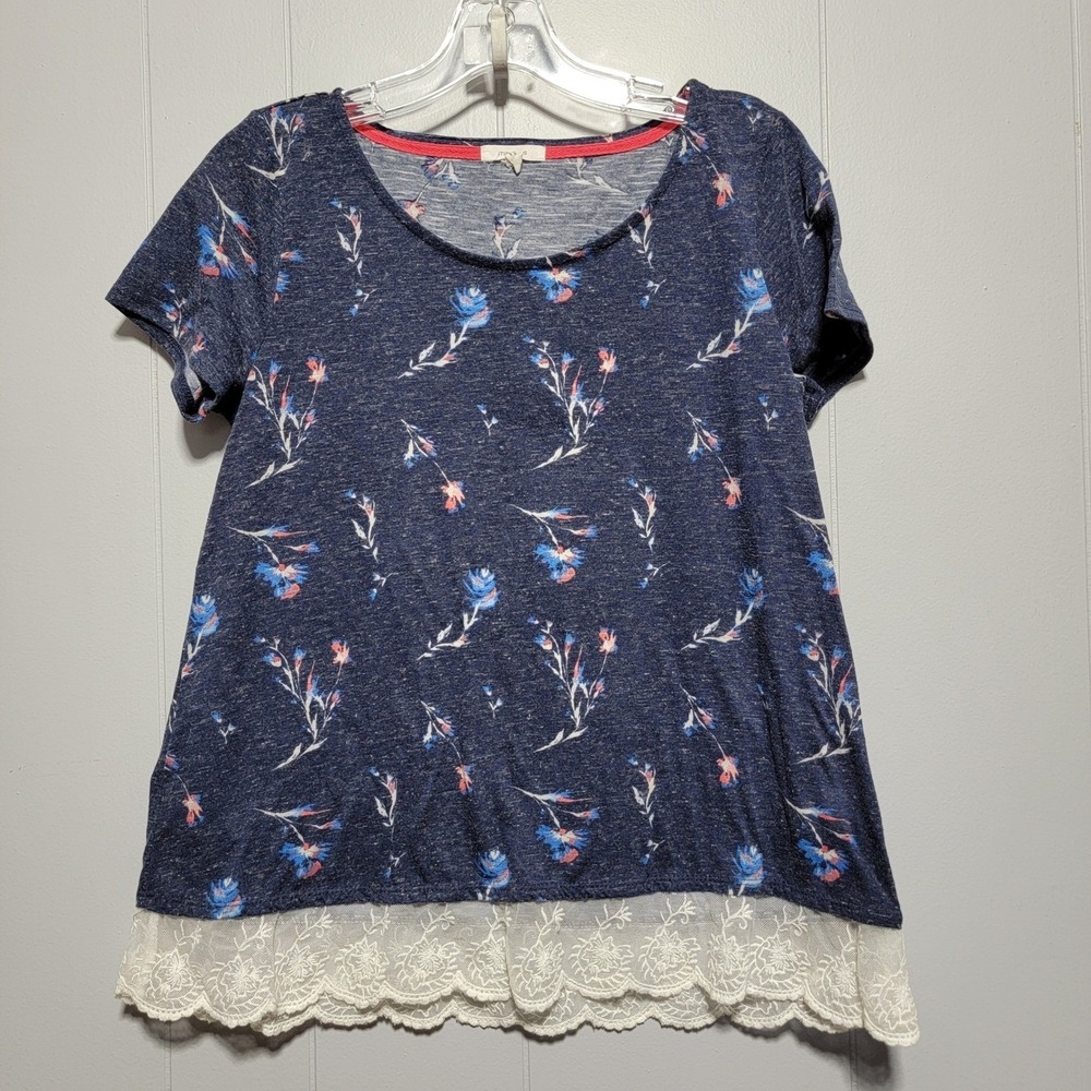 Maurices Blue Floral Lace Trim Tunic Top Short Sleeve Women's Size Medium